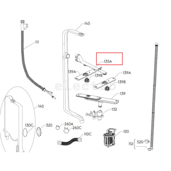 Indaplovės ELECTROLUX / AEG viršutinio purkštuko sujungimo antgalis 340 mm .DUCT,ASSEMBLY,DOUBLE,340MM Nozzles for dishwashers and parts thereof