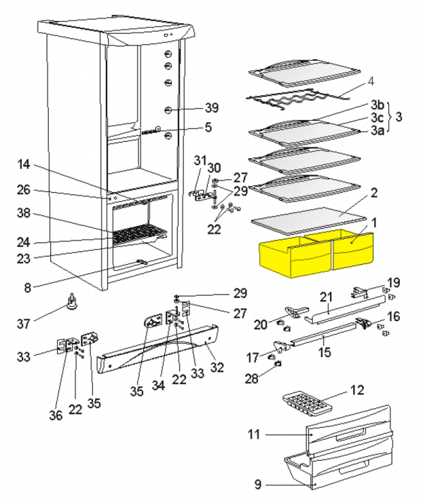 Stalčius daržovėms šaldytuvui SNAIGĖ, RF310, RF270, RF300, RF315, RF360, RF390 modeliams.253x195x305 мм. Holders for household refrigerators, drawers, shelves and other plastic details