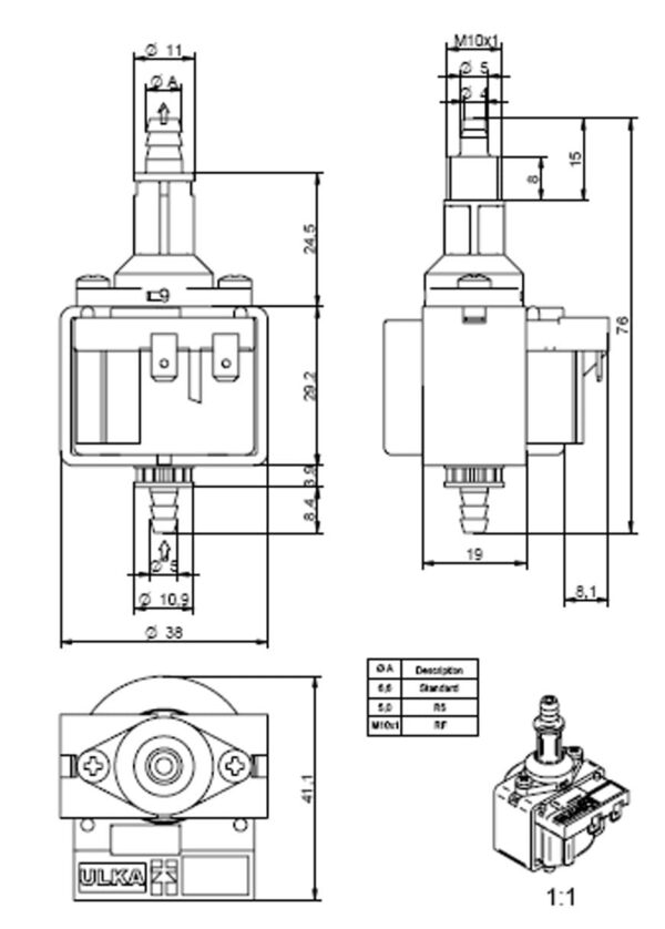 Vandens siurblys kavos aparatui ULKA, NME4, 16W, 50cc/min, maksimalus slėgis 2,5 bar. Valves, presses, connectors, pressure sensors, couplings and other parts of coffee machines
