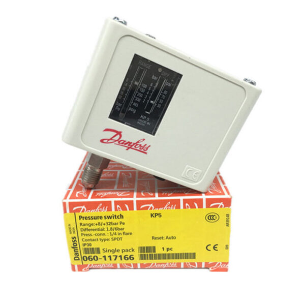 Slėgio relė KP5 Danfoss, įėjimas 1/4″ SAE (060-117166, 060-509666), aukšto slėgio jungiklis, diapazonas 8/32bar Pressure relays for industrial refrigerators