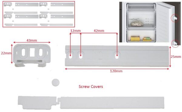 Įmontuojamo šaldytuvo WHIRLPOOL, INDESIT, IGNIS, BAUKNECHT, AEG, ELECTROLUX, ZANUSSI ir kt universalus durų montavimo komplektas (fasadinei pusei), orig Hinges for refrigerator doors façade installation kits