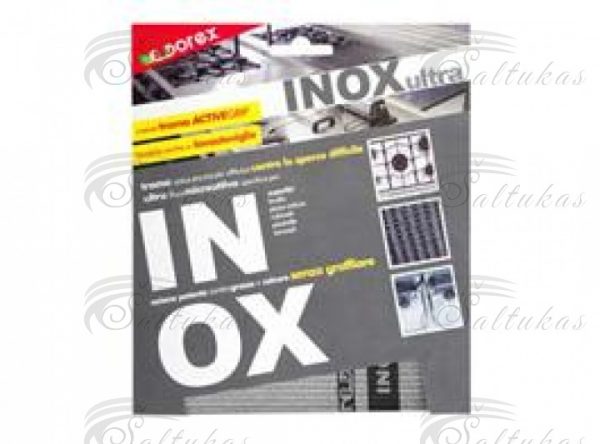 INOX valo ir poliruoja ypač nerūdijančio plieno ir keramikos. Pašalina riebalus, visus tipinius riebalų sankaupas, kurios susidaro virtuvėje. Sudėtis: 70% mikropluošto 30% poliuretano.