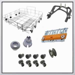 Dishwasher wheels, grills and holders for dish bags