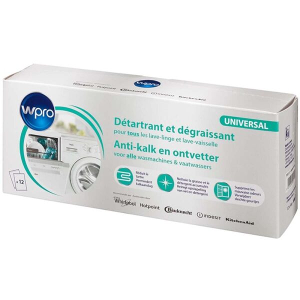 Cleaning (descaler and degreasing) means for washing machines, dishwashers, 12 x 50 g. ARISTON, INDESIT, HOTPOINT, WHIRLPOOL, BOSCH, SIEMENS, AEG, ELECTROLUX, MIELE, HANSA, AMICA, SAMSUNG, BEKO, BLOMBERG, CANDY, UNIVERSAL Chemicals for the chemical maintenance of household appliances Lubricant, etc.