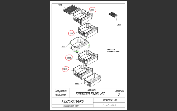 Arcelik,BEKO upper,middle freezer drawer orig.46.7cm x 40cm x 19cm,1pcs. Holders for household refrigerators, drawers, shelves and other plastic details