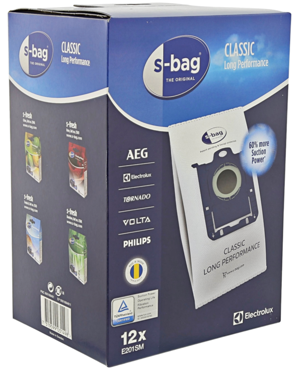 Vacuum cleaner bag AEG, ELECTROLUX, PHILIPS, TORNADO, VOLTA, S-BAG, 12 pcs. (CLASSIC Long Perfomance), orig. Vacuum cleaner brushes, hoses,Hepafilters and bags