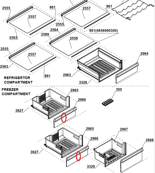 Upper middle front panel of freezer drawer of the refrigerator BEKO/GRUNDIG/ARCELIK,19,6 x 44,2 cm,orig. Holders for household refrigerators, drawers, shelves and other plastic details