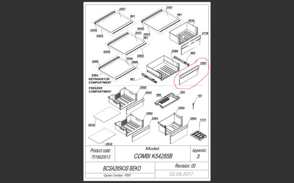 Šaldytuvo BEKO/GRUNDIG/ARCELIK , CRISP FRONT BI PRINT HARVFRESH 54 T605 stalčiaus priekinė panelė,43.4cm x 15.3cm,orig. Holders for household refrigerators, drawers, shelves and other plastic details