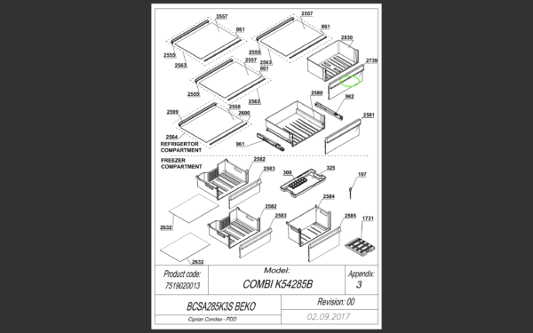 Šaldytuvo BEKO/GRUNDIG/ARCELIK, BIOF FRONT BEKO PRIN BI B16_T605_1_3 stalčiaus priekinė panelė,435x154x35mm,orig. Holders for household refrigerators, drawers, shelves and other plastic details