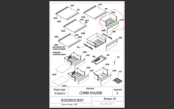 Šaldytuvo BEKO/GRUNDIG/ARCELIK,ASS BIOFRESH PRINTED BI ARC1155 stalčius komplekte,43.3cm x 28.8cm x 16.2cm,orig. Holders for household refrigerators, drawers, shelves and other plastic details