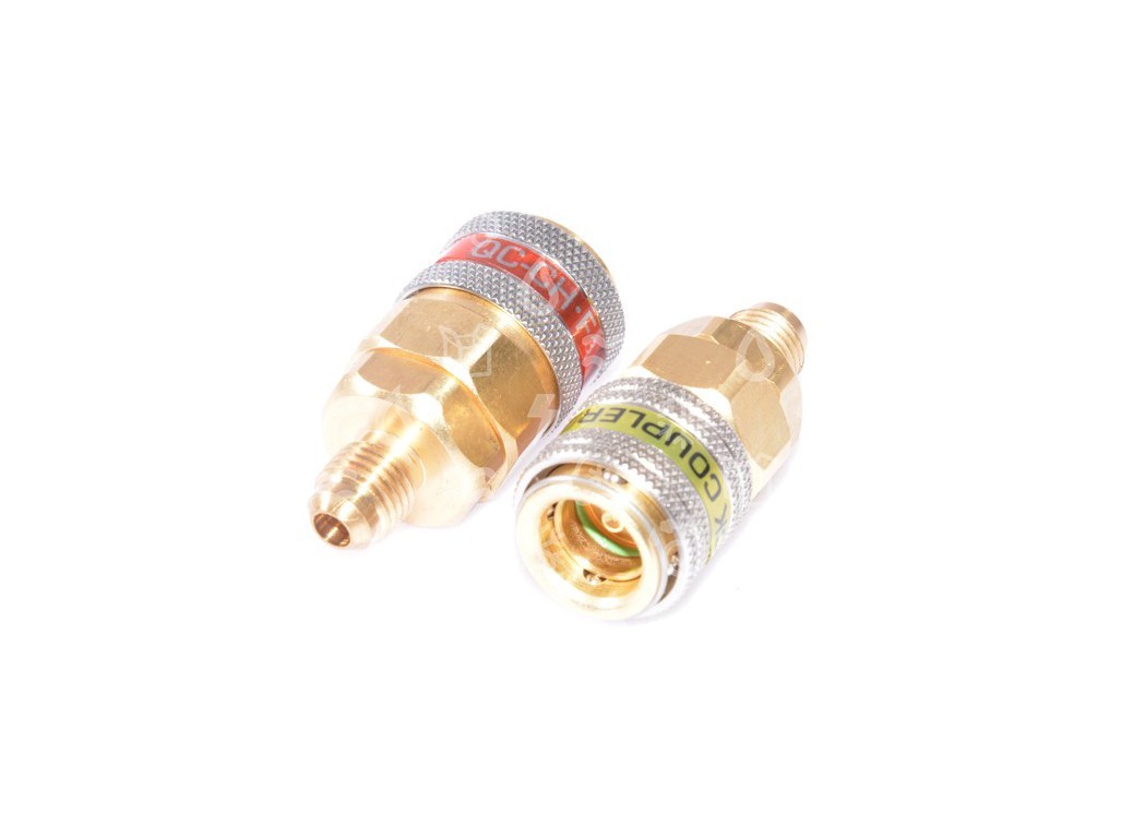 Žemo ir aukšto slėgio užpildymo adapterių komplektas R134, 1/4” x 13mm, 180° Refrigerator couplings, adapters, nuts and connectors