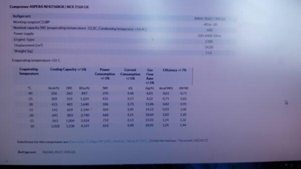 Šaldytuvo kompresorius EMBRACO NEK2168GK, R404a, LBP 14,3cc CSR - Image 3