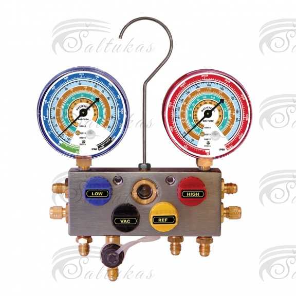 Reduktorius skirtas darbui su šiais šaldymo agentais: R134a, R404A, R407C, R22, R507A, skalė 80mm Pressure gauges