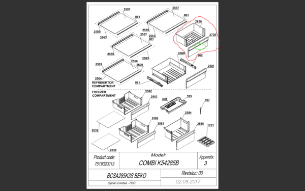 Šaldytuvo BEKO/GRUNDIG/ARCELIK,ASS BIOFRESH PRINTED BI ARC1155 stalčius komplekte,43.3cm x 28.8cm x 16.2cm,orig. - Image 2