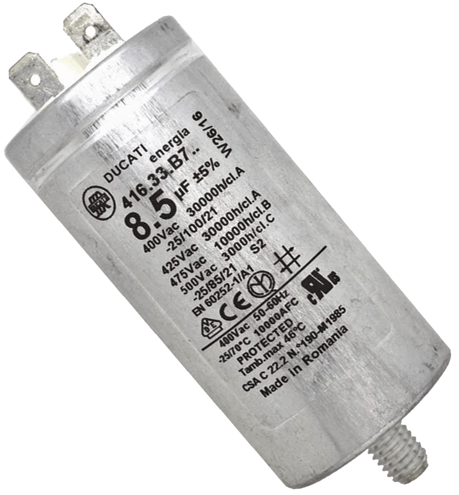 Kondensatorius 8.5µF (mikrofaradai), 400V, d=77.5x35mm, 2 kontaktai, originalas Capacitors